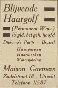 717111 Advertentie van Kapsalon Maison Gaemers, Zadelstraat 18 te Utrecht.